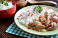 Roasted chicken meat with stalk celery, roasted walnuts and rice Royalty Free Stock Photo