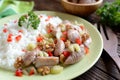 Roasted chicken meat with stalk celery, roasted walnuts and rice Royalty Free Stock Photo