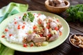 Roasted chicken meat with stalk celery, roasted walnuts and rice Royalty Free Stock Photo