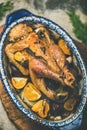 Roasted chicken with orange for Christmas eve celebration table Royalty Free Stock Photo