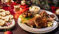 Roasted chicken, table setting. Christmas dinner Royalty Free Stock Photo