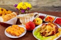 Roasted chicken. Thanksgiving table served with , decorated bright autumn leaves and candles. , Royalty Free Stock Photo