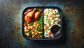 Roasted chicken thighs paired with white rice and mixed vegetables make for a nutritious meal in a black container Royalty Free Stock Photo