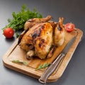 Roasted chicken with tomatoes and knife