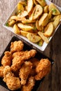 Roasted chicken wings and potato wedges close up. Vertical top v Royalty Free Stock Photo