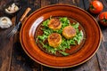 Roasted chickpeas falafel patties with arugula on a plate. Dark wooden background. Top view Royalty Free Stock Photo