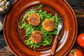 Roasted chickpeas falafel patties with arugula on a plate. Dark wooden background. Top view Royalty Free Stock Photo