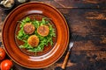 Roasted chickpeas falafel patties with arugula on a plate. Dark wooden background. Top view. Copy space Royalty Free Stock Photo