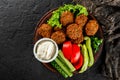 Roasted chickpeas falafel patties with garlic yogurt sauce, served with lettuce and fresh vegetables in a plate over dark stone Royalty Free Stock Photo