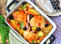 Roasted chiken legs with vegetables and olives Royalty Free Stock Photo