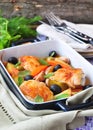 Roasted chiken legs with vegetables and olives