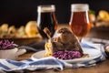 Roasted christmas duck leg red cabbage dumplings liver draft bee Royalty Free Stock Photo