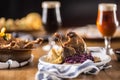 Roasted christmas duck leg red cabbage dumplings liver draft bee Royalty Free Stock Photo