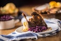 Roasted christmas duck leg red cabbage dumplings liver draft bee Royalty Free Stock Photo