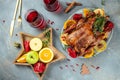 Roasted Christmas duck on a light background top view. place for text Royalty Free Stock Photo