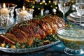Roasted Christmas turkey with herbs and gravy festive table setting Royalty Free Stock Photo