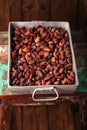 roasted cocoa chocolate beans in Vintage heavy cast aluminum roasting pan