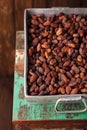 Roasted cocoa chocolate beans in Vintage heavy pan