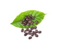 Roasted coffee bean and leaf on white background Royalty Free Stock Photo