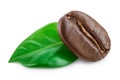 Roasted coffee bean with leaves isolated on white background. Royalty Free Stock Photo