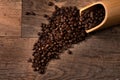 Top view roasted coffee bean on wooden table for background