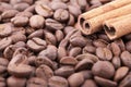 Roasted coffee beans background with cinnamon Royalty Free Stock Photo