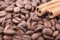 Roasted coffee beans background with cinnamon