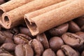 Roasted coffee beans background with cinnamon