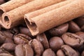 Roasted coffee beans background with cinnamon Royalty Free Stock Photo