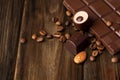 Roasted coffee beans with black chocolate close up Royalty Free Stock Photo