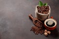 Roasted coffee beans, brown sugar and espresso cup Royalty Free Stock Photo