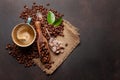 Roasted coffee beans, brown sugar and espresso cup Royalty Free Stock Photo