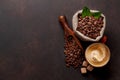 Roasted coffee beans, brown sugar and espresso cup Royalty Free Stock Photo