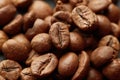 Roasted coffee beans close up. Espresso dark, aroma, black caffeine drink. Royalty Free Stock Photo