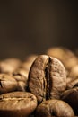 roasted coffee beans close-up with soft background and selective focus. vertical side view. artistic macro photo with copy space