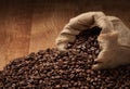 Roasted coffee beans with cloth sack