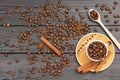 Roasted coffee beans in cup and wooden spoon. Cinnamon sticks on saucer. Coffee beans and star anise on table Royalty Free Stock Photo