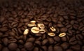 Roasted coffee beans 3d rendering background. Masses of coffee beans close up. Few golden beans Royalty Free Stock Photo