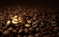 Roasted coffee beans 3d rendering background. Masses of coffee beans close up. Few golden beans Royalty Free Stock Photo