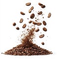 Roasted Coffee Beans Exploding in Air Ground Coffee Pile Royalty Free Stock Photo