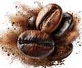 Roasted Coffee Beans Exploding With Ground Coffee Dust On White whole beans aroma Royalty Free Stock Photo
