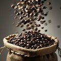 Roasted coffee beans falling from a burlap sack in a dynamic motion flying Royalty Free Stock Photo
