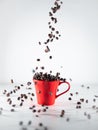 Roasted coffee beans, falling into a red coffee cup, on white background Royalty Free Stock Photo