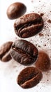 Roasted coffee beans falling with ground powder Royalty Free Stock Photo