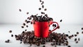 Roasted coffee beans, falling into a red coffee cup, on white background Royalty Free Stock Photo