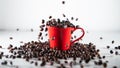 Roasted coffee beans, falling into a red coffee cup, on white background Royalty Free Stock Photo