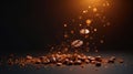 Roasted coffee beans falling in slow motion with golden dust. Generative AI Royalty Free Stock Photo