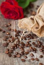 Roasted coffee beans, fresh red rose, coarse burlap sac on old wooden table. Rustic still life. Place for text. Top view Royalty Free Stock Photo