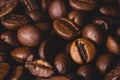 Roasted coffee beans full frame background Close up macro dark brown Royalty Free Stock Photo