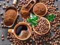 Roasted coffee beans, ground coffee and cup of coffee on wooden Royalty Free Stock Photo